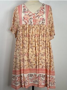 Umgee Peach Floral Border V-Neck Babydoll Dress